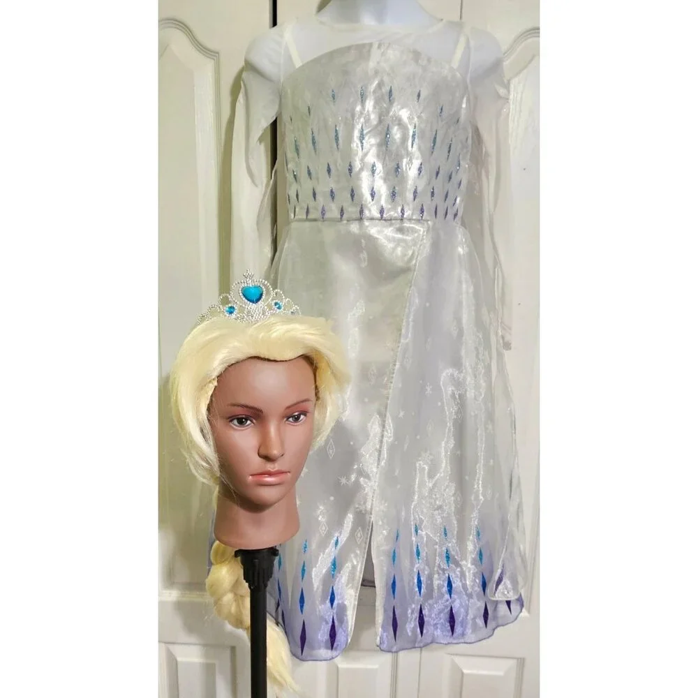 Disney Store Frozen 2 Elsa Snow Queen Costume 7-8 Dress Wig Tiara Ice Princess